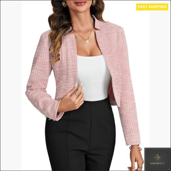 Tweed Plaid Cropped Blazer Open Front Stand Collar Work Office Jacket - Picture 3 of 7